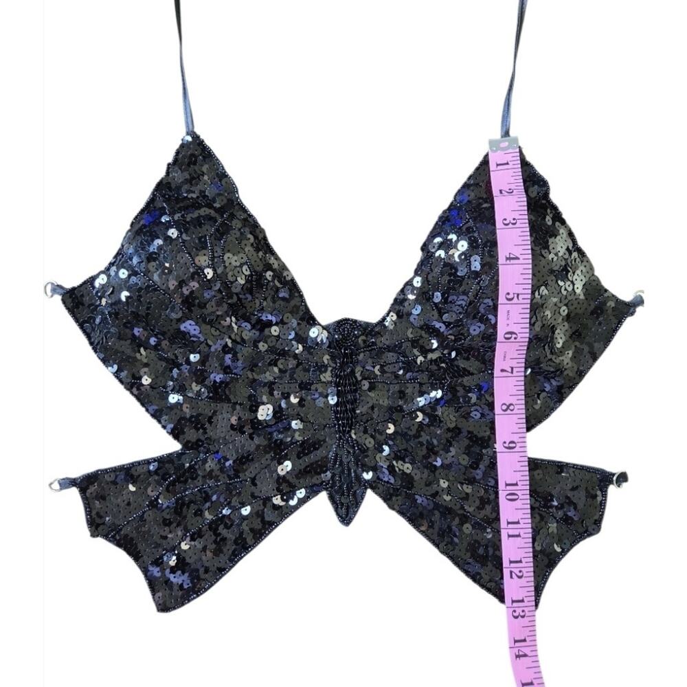 Black Sequin Butterfly Bra Top Beaded Festival Rave Belly Dance Open Back OS - Picture 8 of 8